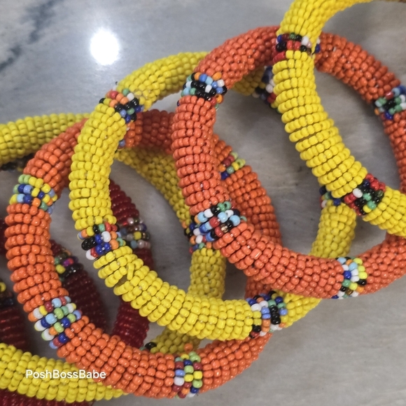 Set of 9 Handmade Maasai-Style Seed Bead Bangle Bracelets – Red, Yellow, Orange - Picture 10 of 11